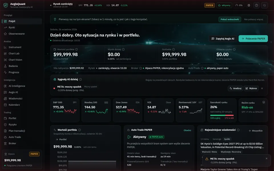 AegisQuant Pulpit am Desktop: Portfolio-KPIs, Kapitalkurve und Auto-Trade-Status